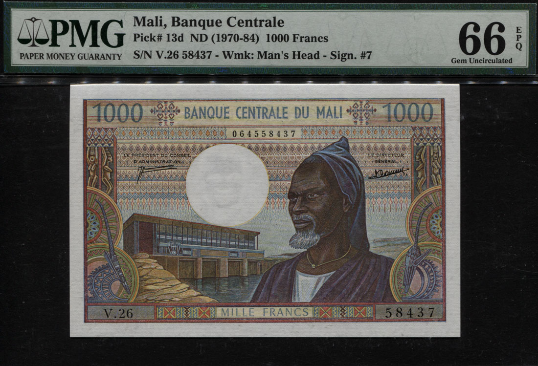 Tt Pk 13d 1970 84 Mali Banque Centrale 1000 Francs Pmg 66 Epq Gem Uncirculated Ebay